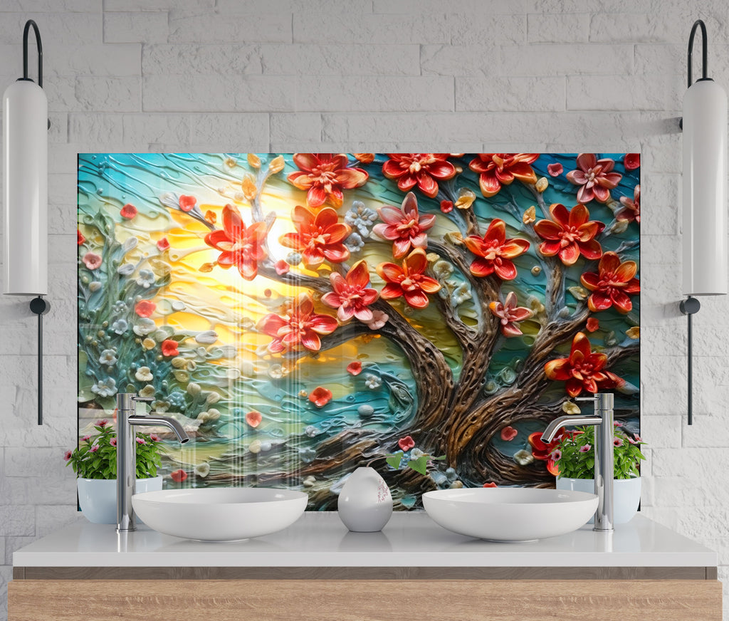 Blossoming Sunrise Tree - Glass Kitchen Backsplash-BacksplashArtworks
