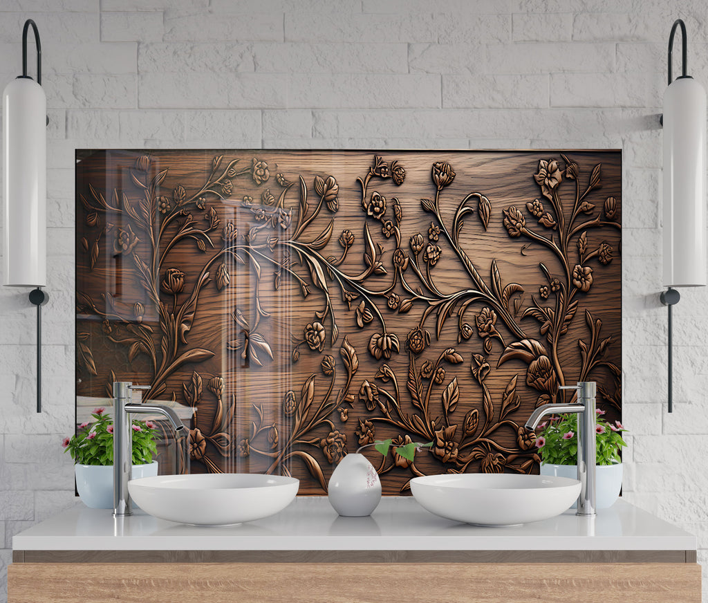Ornate Floral Elegance - Copper-Toned Glass Kitchen Backsplash-BacksplashArtworks