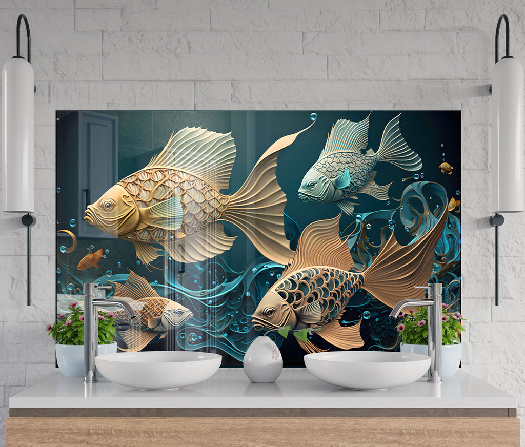 Gold & Blue Fish – Glass Kitchen Backsplash-BacksplashArtworks