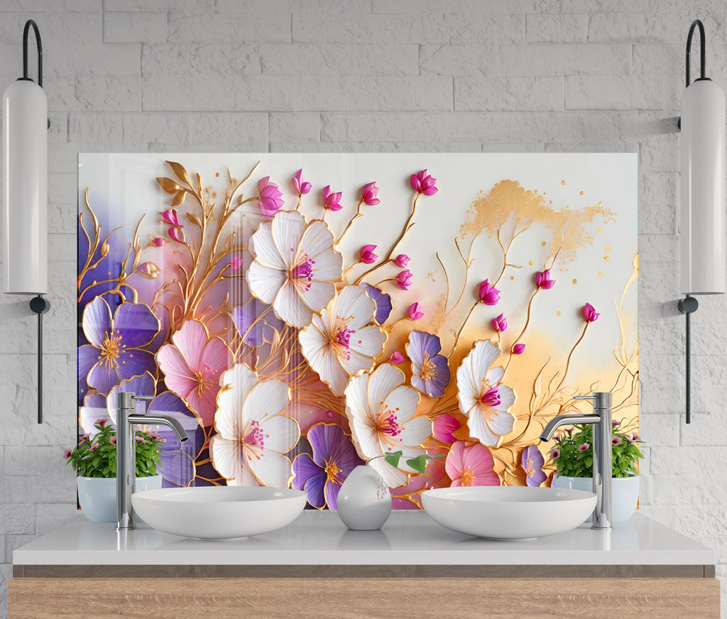 Golden Blossom Elegance - Glass Kitchen Backsplash-BacksplashArtworks