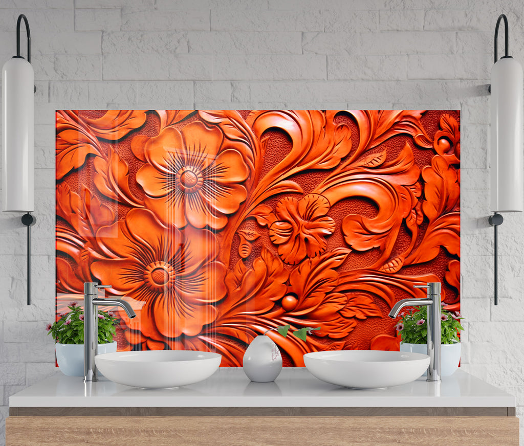 Fiery Floral Engraving - Glass Kitchen Backsplash-BacksplashArtworks