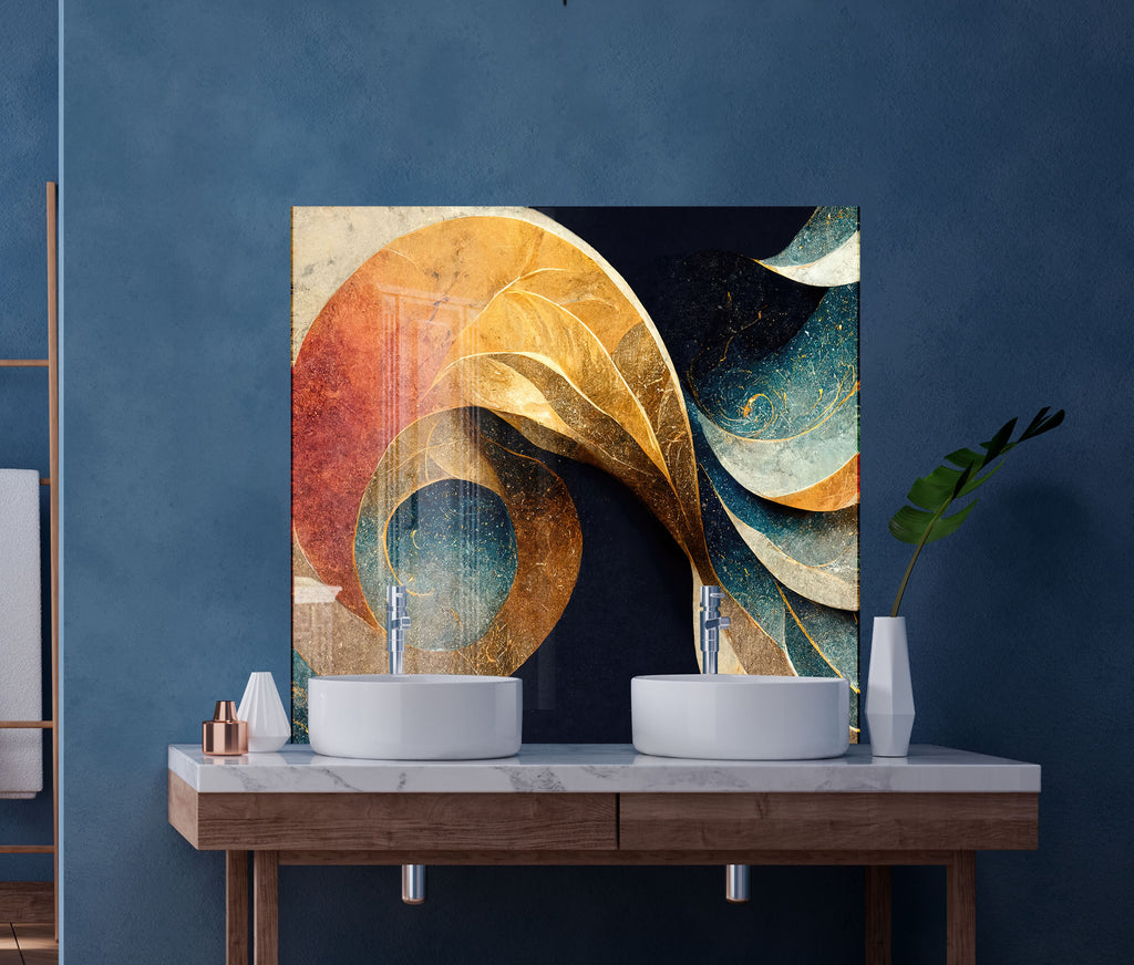 Abstract Gold & Blue - Glass Kitchen Backsplash-BacksplashArtworks