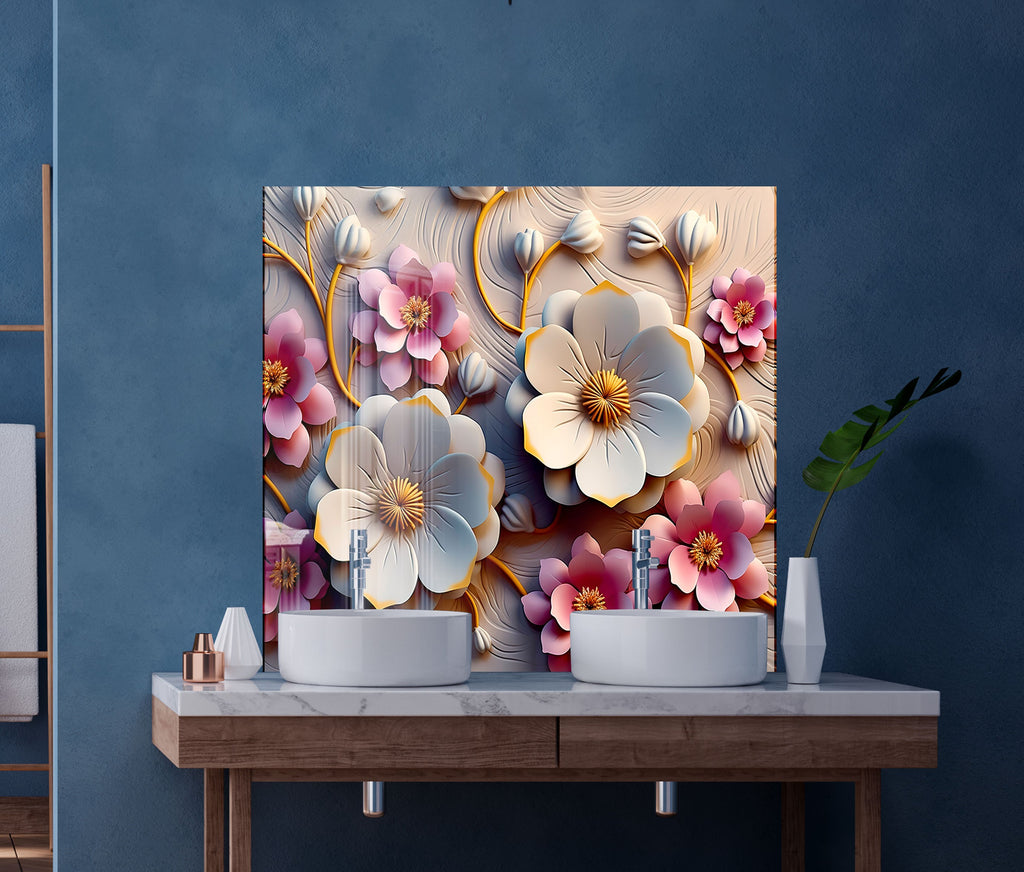 Blush & Ivory Floral Elegance - Glass Kitchen Backsplash-BacksplashArtworks