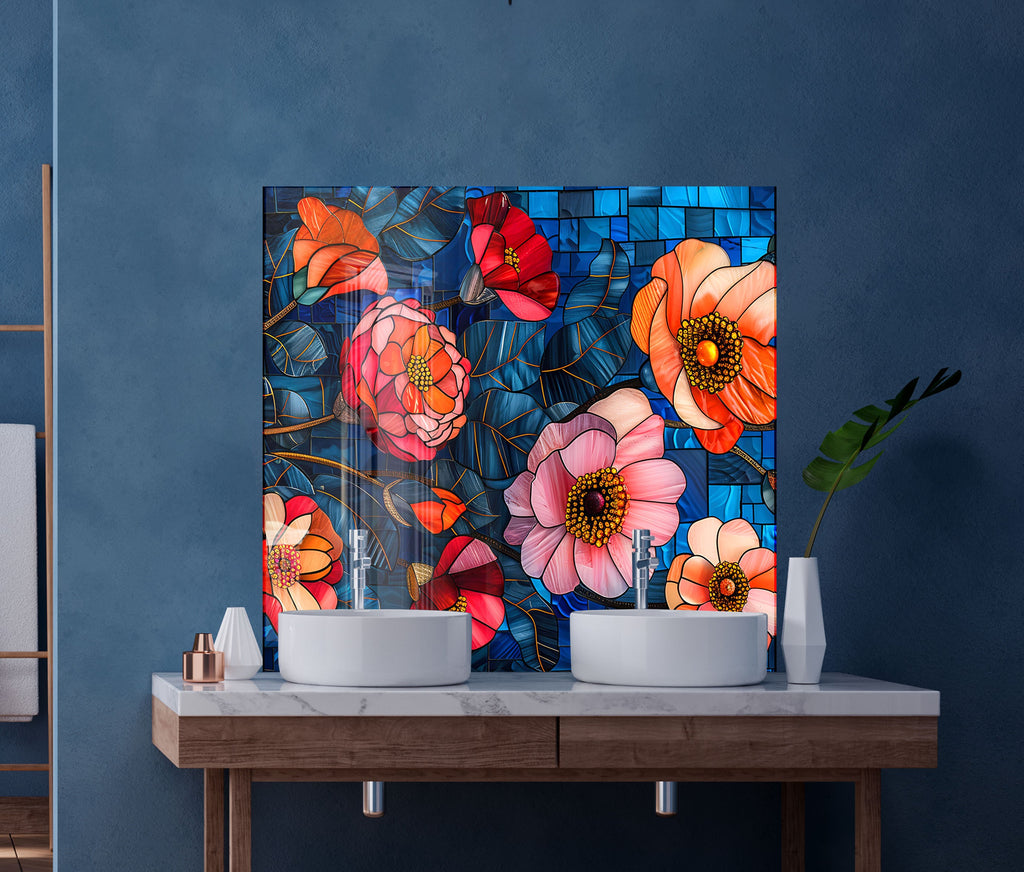 Stained Glass Floral Art - Glass Kitchen Backsplash-BacksplashArtworks