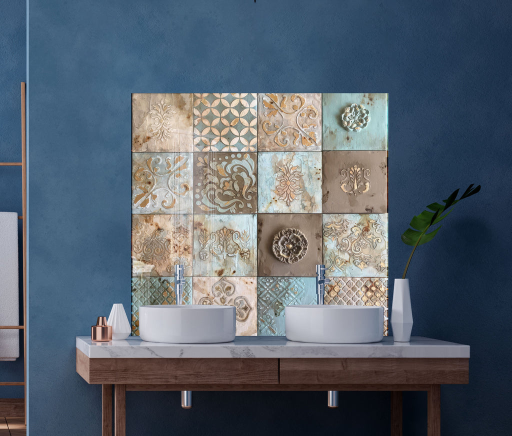 Tempered Glass Kitchen Backsplash with Vintage Tile Design and Gas Stove-BacksplashArtworks