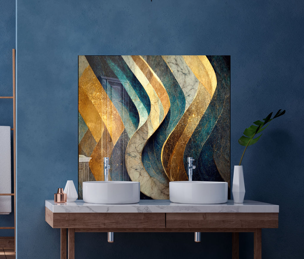 Elegant Navy & Gold - Glass Kitchen Backsplash-BacksplashArtworks