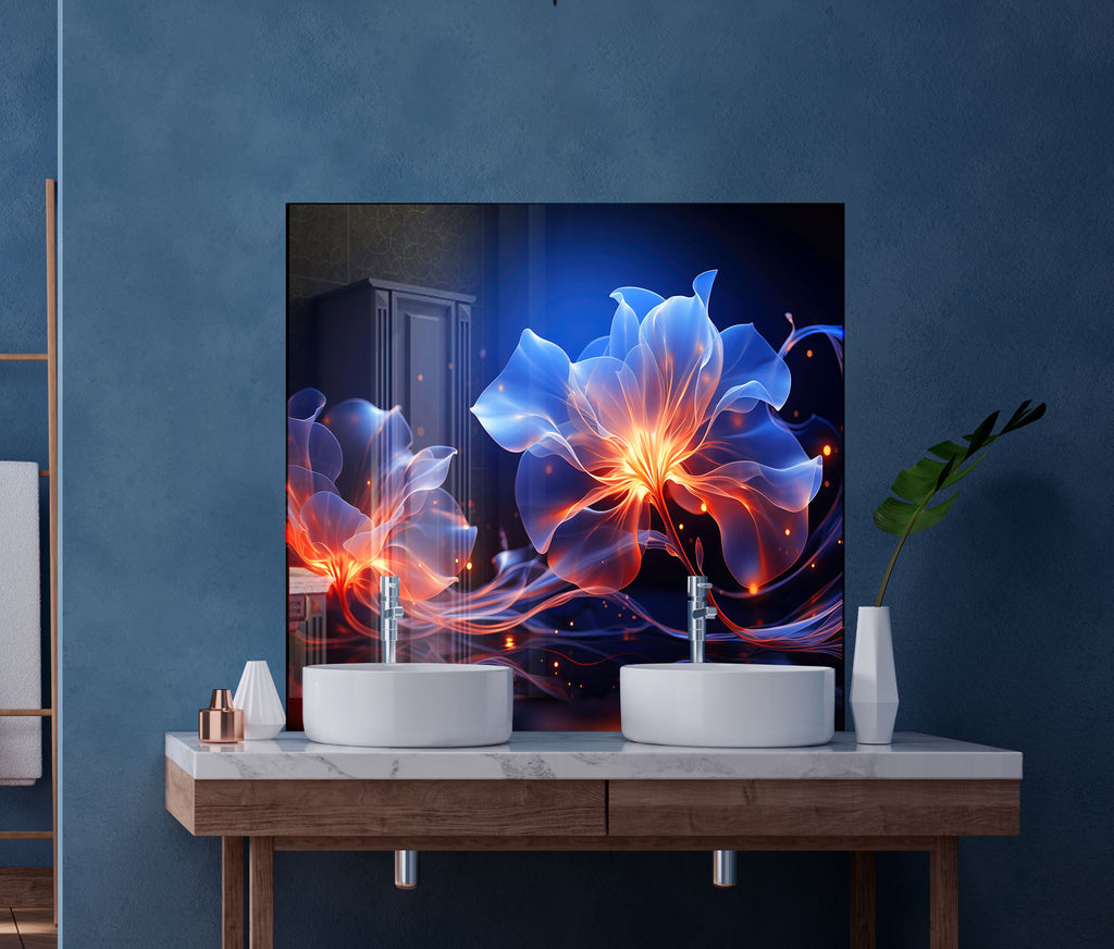 Glowing Neon Floral Art - Glass Kitchen Backsplash-BacksplashArtworks