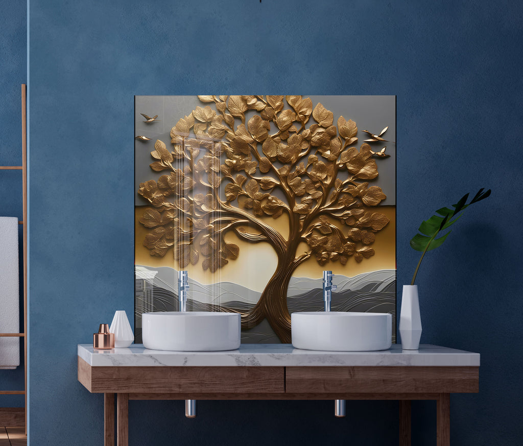 Golden Tree of Life - Glass Kitchen Backsplash-BacksplashArtworks