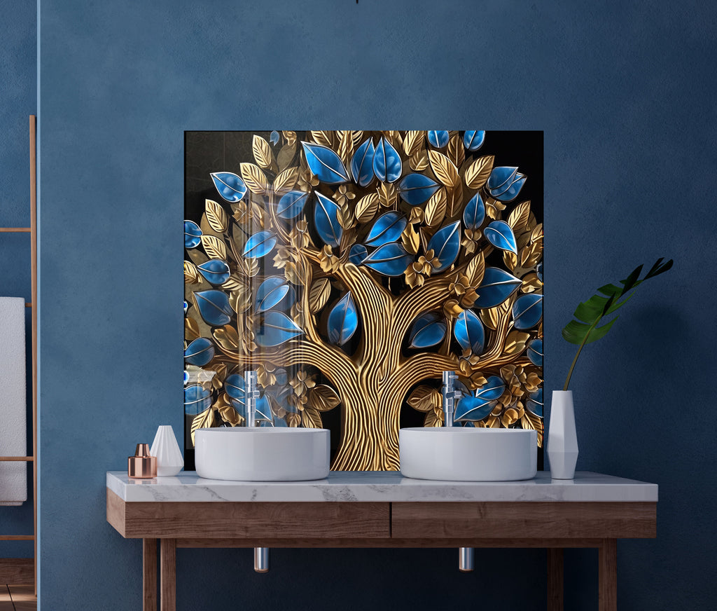Golden Sapphire Tree - Glass Kitchen Backsplash-BacksplashArtworks
