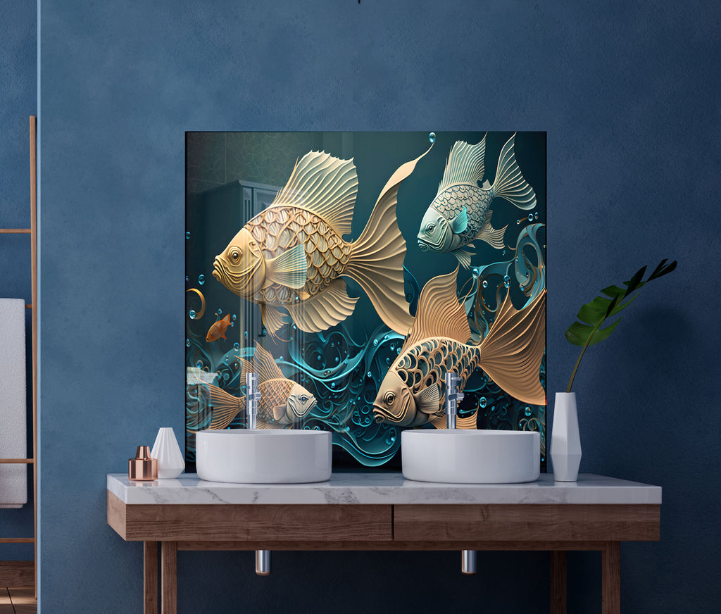 Gold & Blue Fish – Glass Kitchen Backsplash-BacksplashArtworks