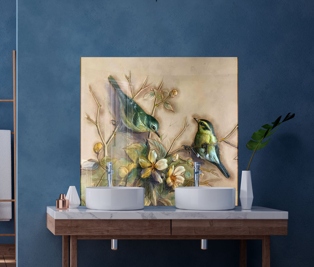 Vintage Birds & Blossoms – Glass Kitchen Backsplash-BacksplashArtworks