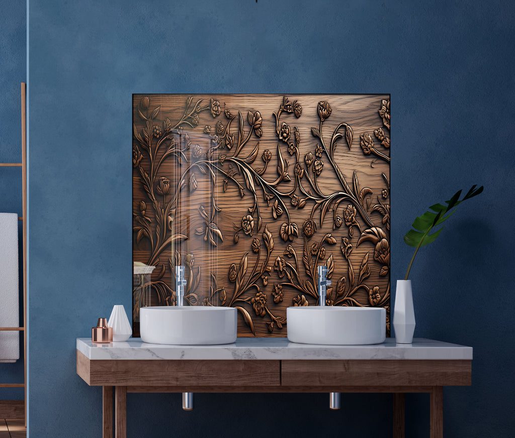 Ornate Floral Elegance - Copper-Toned Glass Kitchen Backsplash-BacksplashArtworks