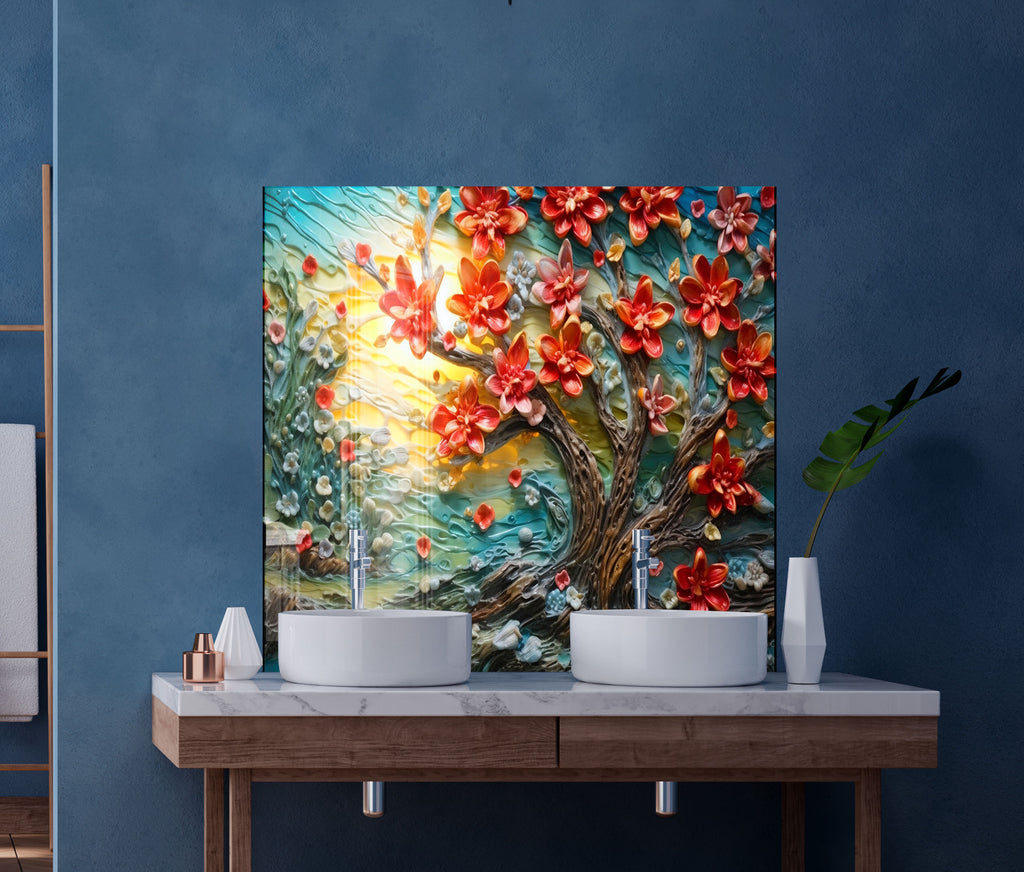 Blossoming Sunrise Tree - Glass Kitchen Backsplash-BacksplashArtworks