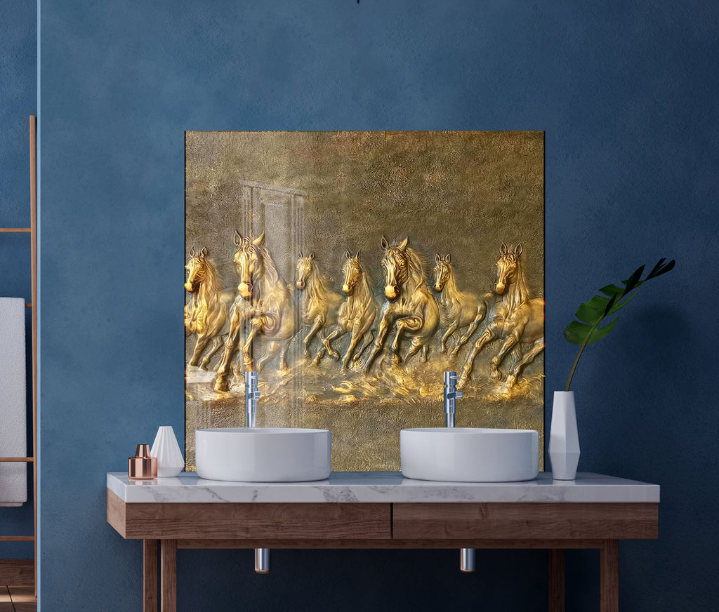 Golden Horses - Glass Kitchen Backsplash-BacksplashArtworks