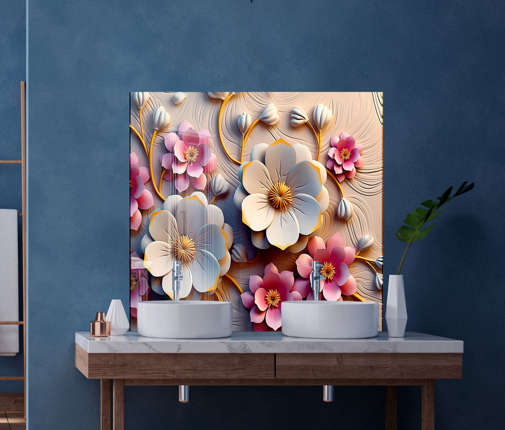 Soft Bloom Elegance - Glass Kitchen Backsplash-BacksplashArtworks