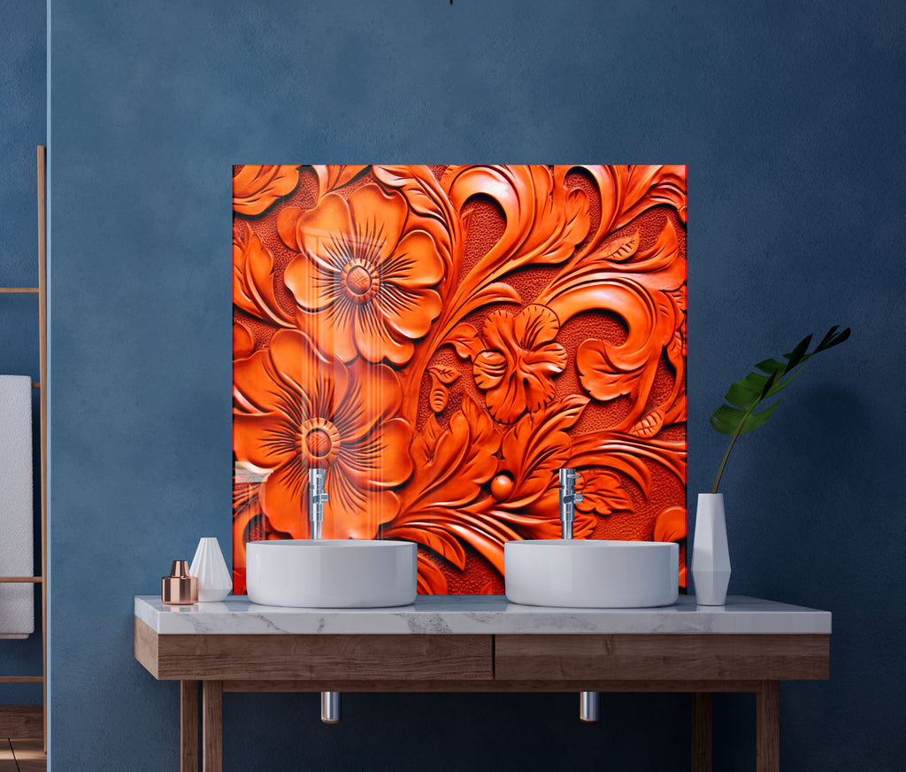 Fiery Floral Engraving - Glass Kitchen Backsplash-BacksplashArtworks