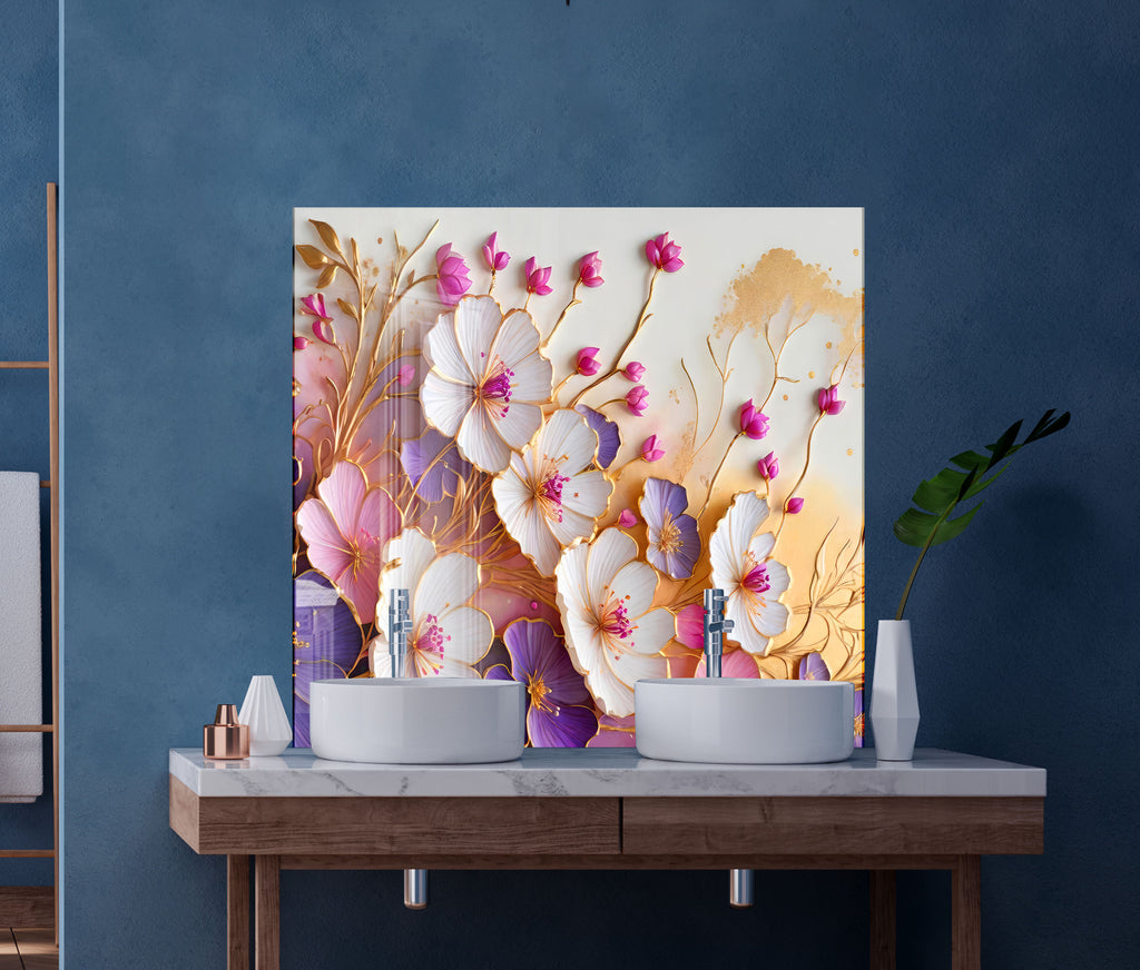 Golden Blossom Elegance - Glass Kitchen Backsplash-BacksplashArtworks