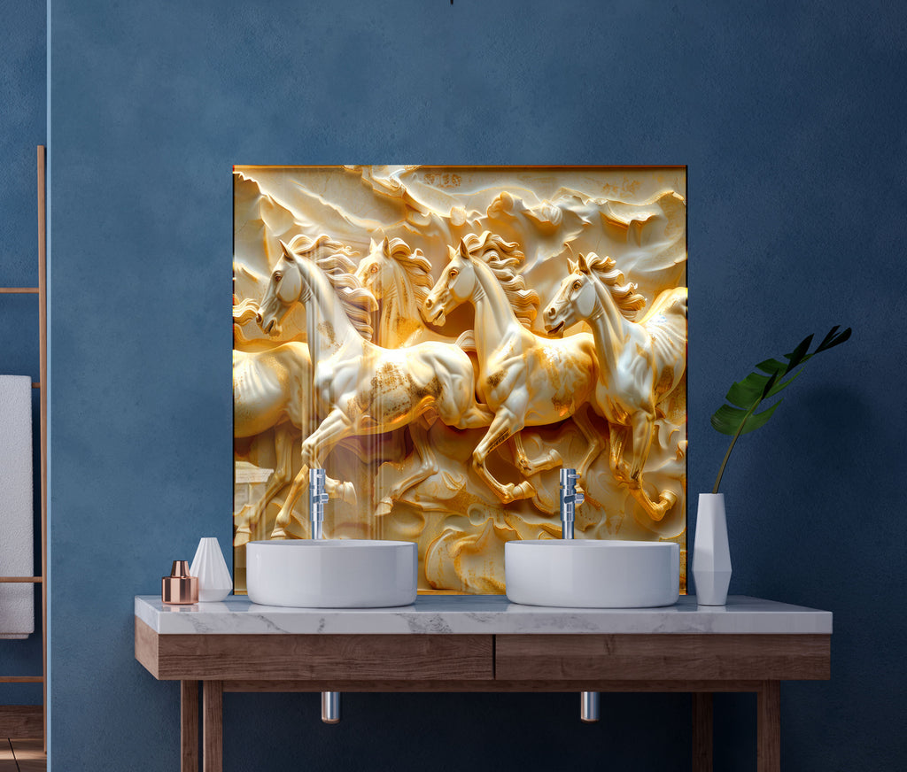 Golden Stallion Majesty - Embossed Glass Kitchen Backsplash-BacksplashArtworks