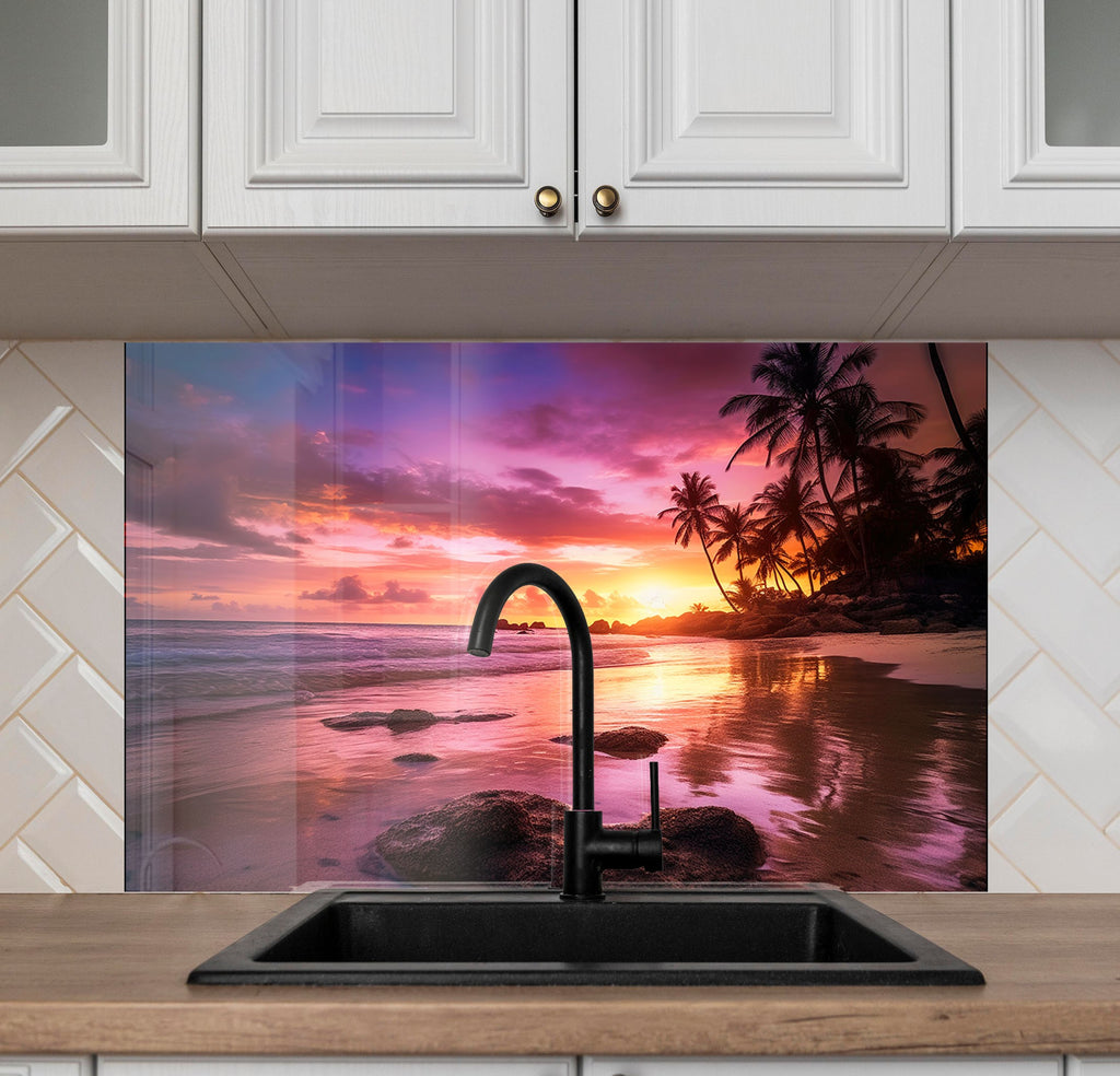 Tropical Sunset Beach Wall Art – Tempered Glass Kitchen Backsplash-BacksplashArtworks