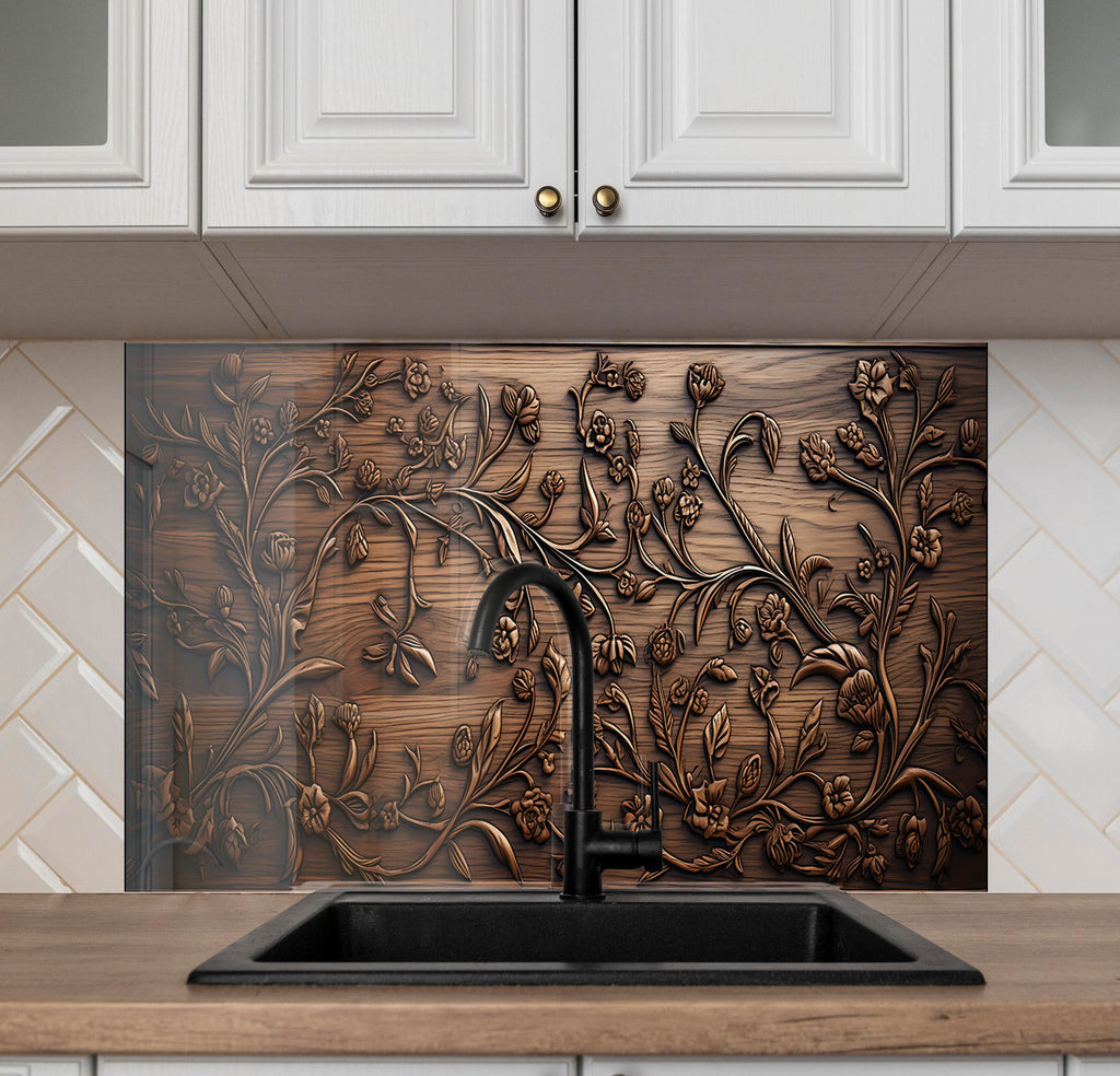 Rustic Elegance: Engraved Floral - Glass Kitchen Backsplash-BacksplashArtworks