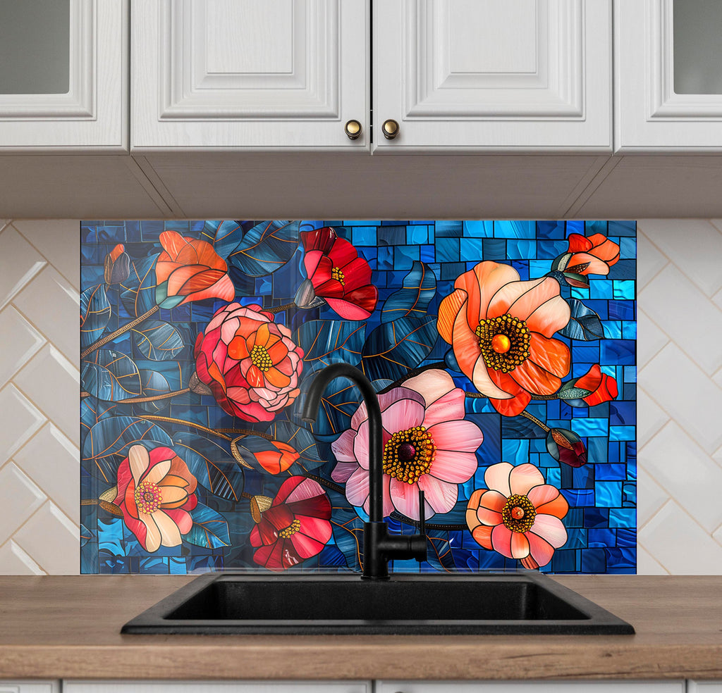 Stained Glass Floral Art - Glass Kitchen Backsplash-BacksplashArtworks