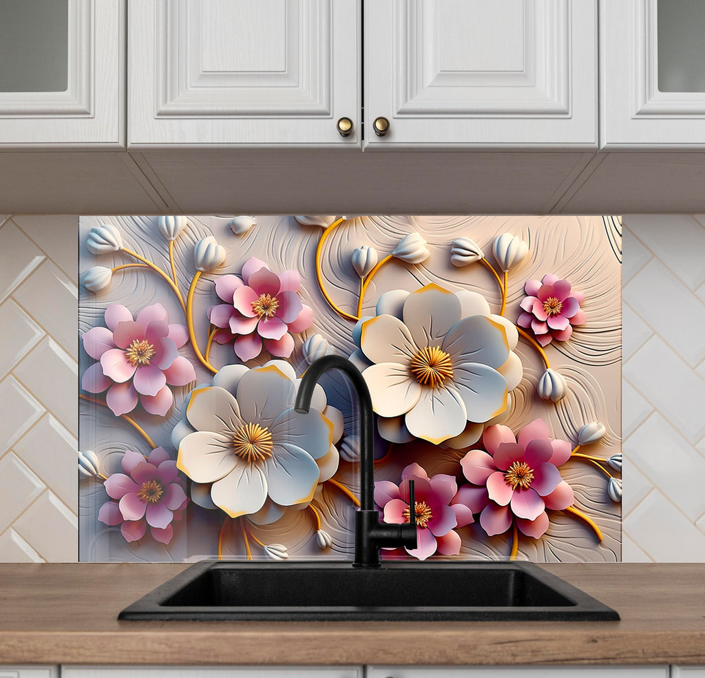 Blush & Ivory Floral Elegance - Glass Kitchen Backsplash-BacksplashArtworks