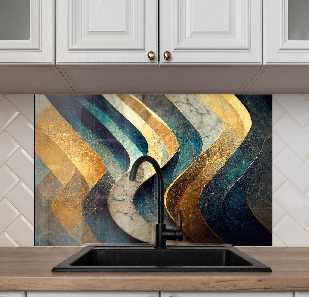 Elegant Navy & Gold - Glass Kitchen Backsplash-BacksplashArtworks
