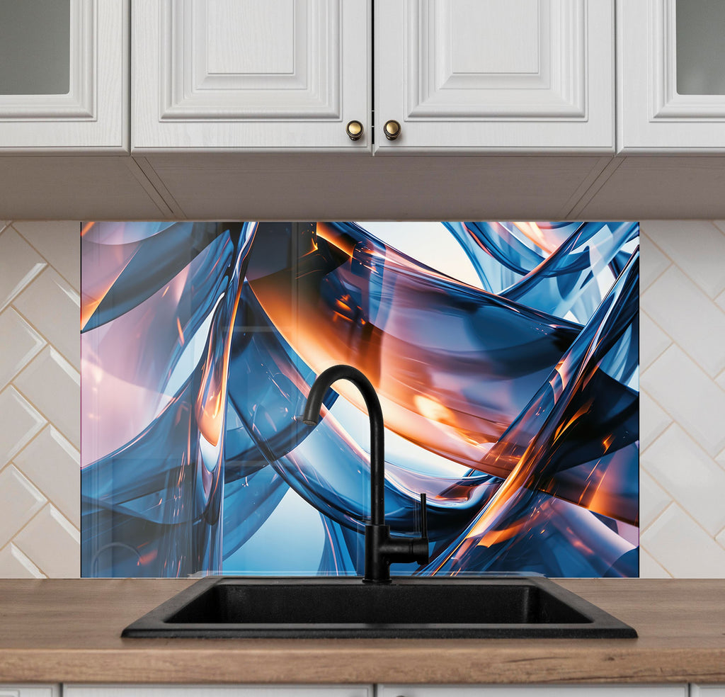 Blue Abstract Elegance – Glass Kitchen Backsplash-BacksplashArtworks
