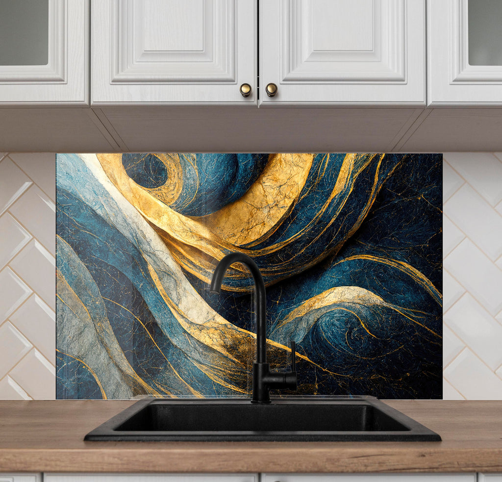 Navy & Gold Swirl - Glass Kitchen Backsplash-BacksplashArtworks