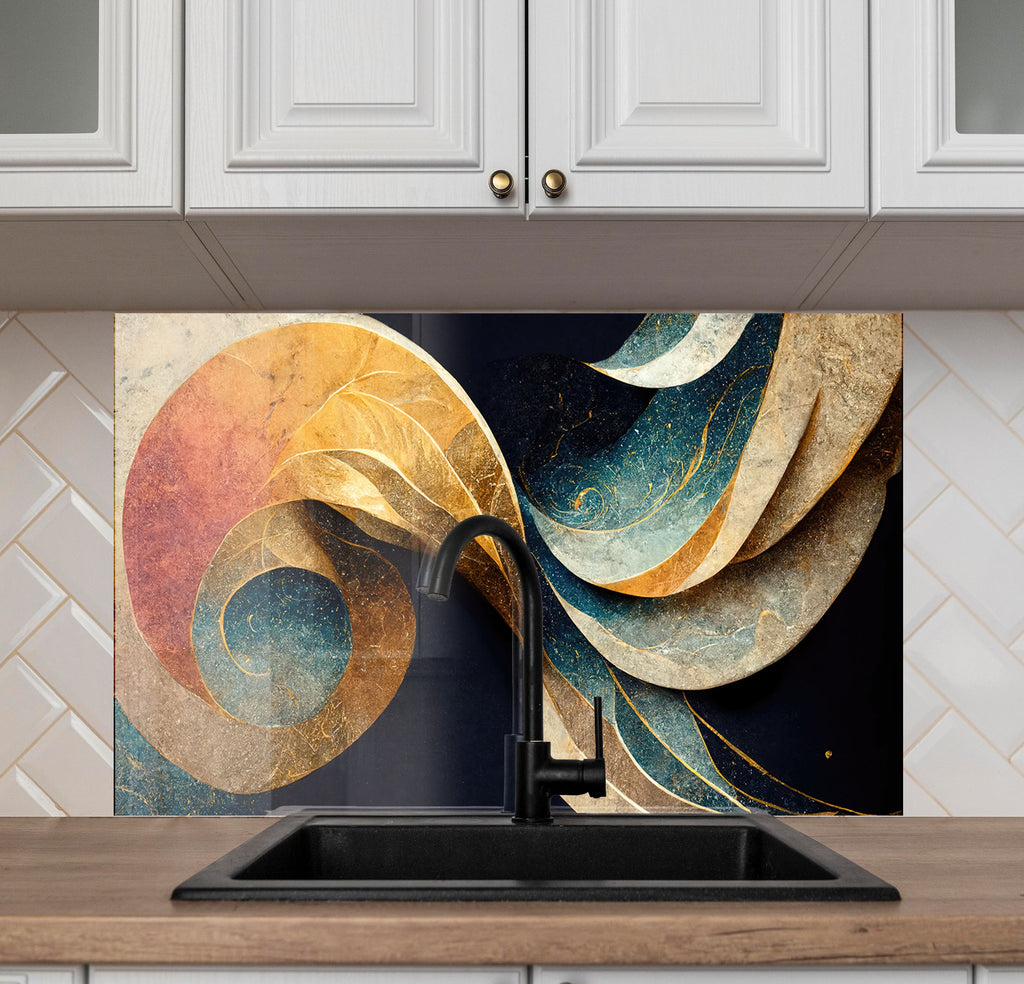Abstract Gold & Blue - Glass Kitchen Backsplash-BacksplashArtworks