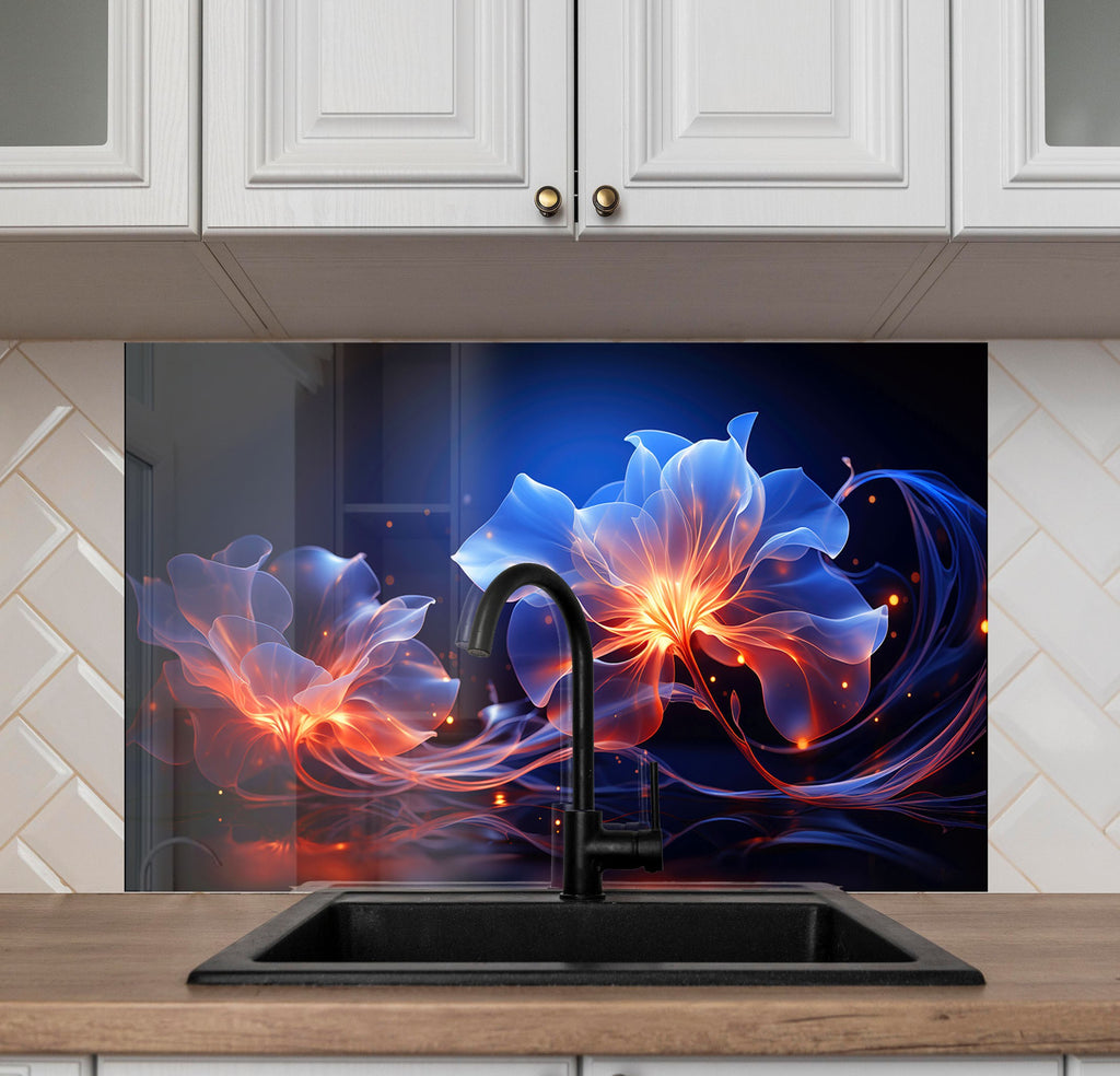Glowing Neon Floral Art - Glass Kitchen Backsplash-BacksplashArtworks