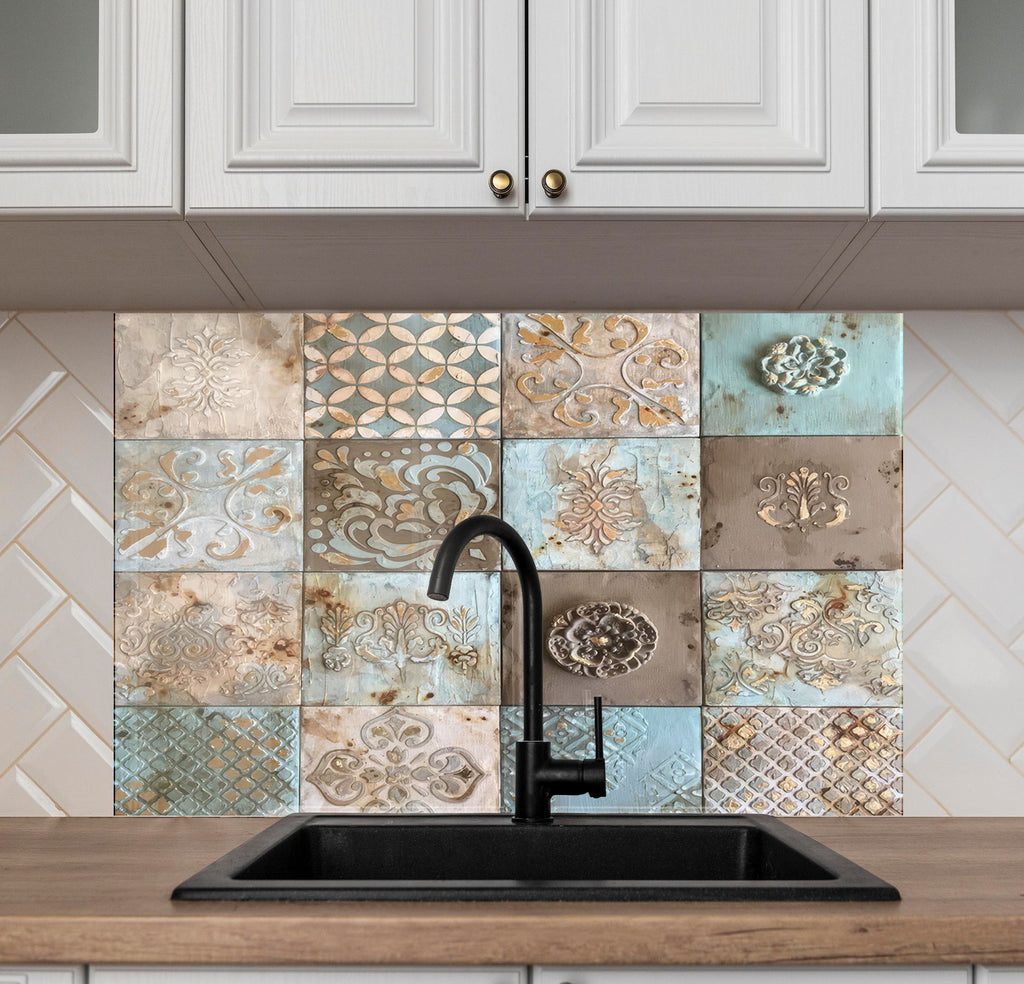 Tempered Glass Kitchen Backsplash with Vintage Tile Design and Gas Stove-BacksplashArtworks