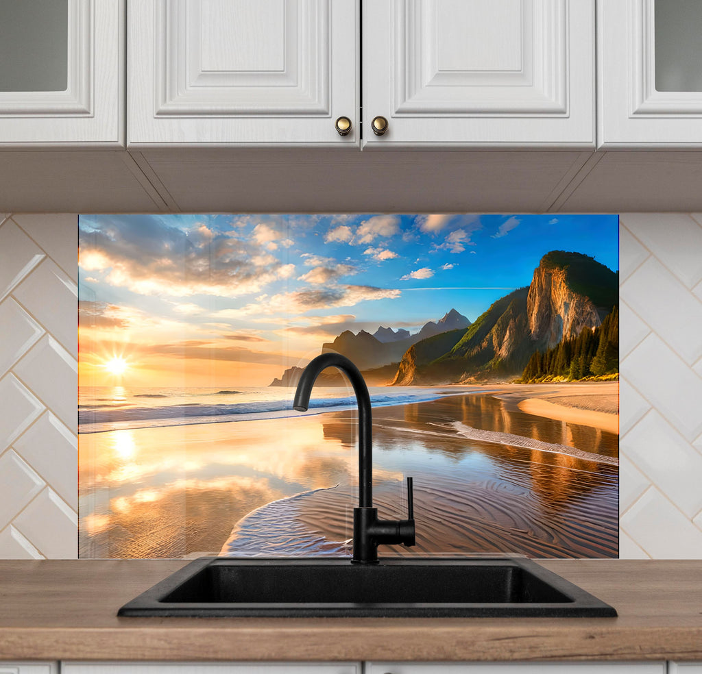 Majestic Mountain Beach Sunset Wall Art – Tempered Glass Kitchen Backsplash-BacksplashArtworks