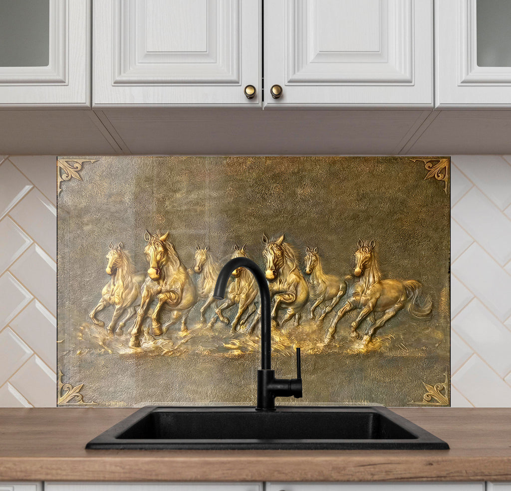 Golden Horses - Glass Kitchen Backsplash-BacksplashArtworks