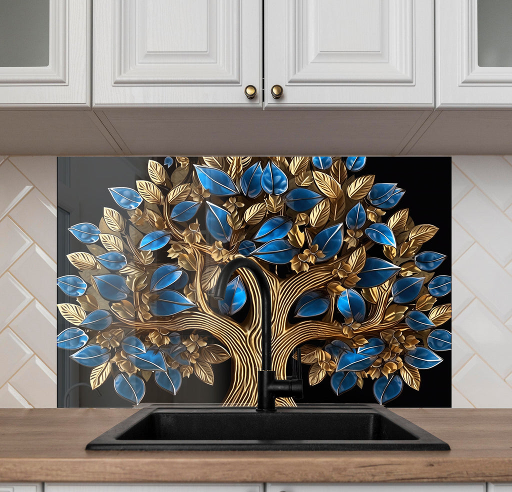 Golden Sapphire Tree - Glass Kitchen Backsplash-BacksplashArtworks