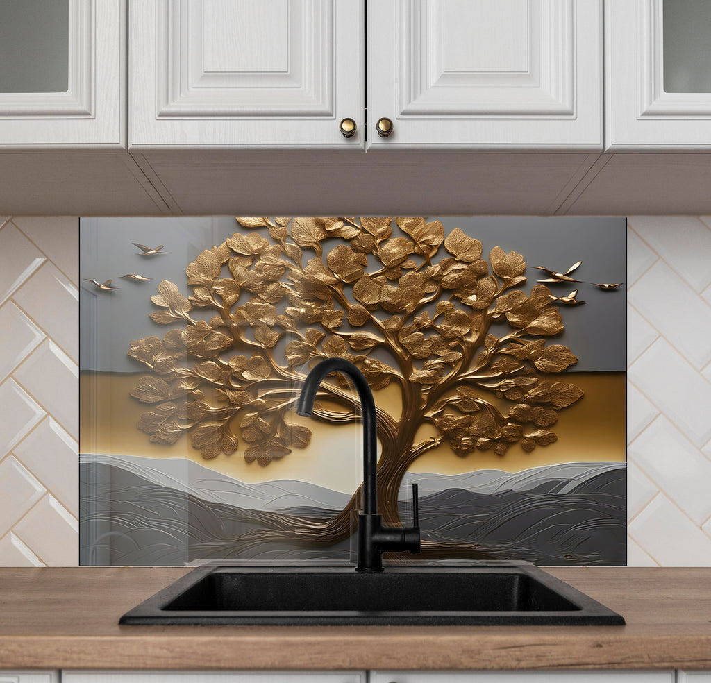 Golden Tree of Life - Glass Kitchen Backsplash-BacksplashArtworks