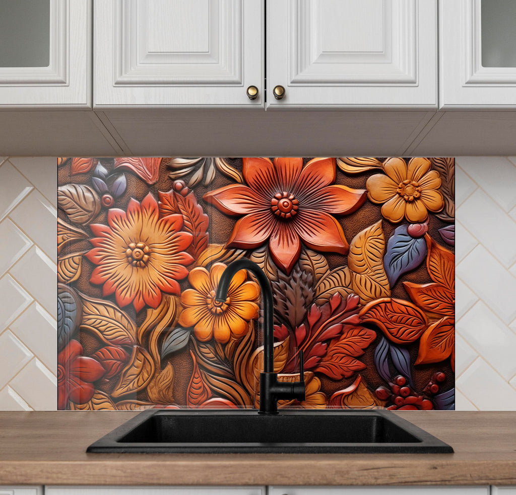 Autumn Blossom Engraved - Glass Kitchen Backsplash-BacksplashArtworks
