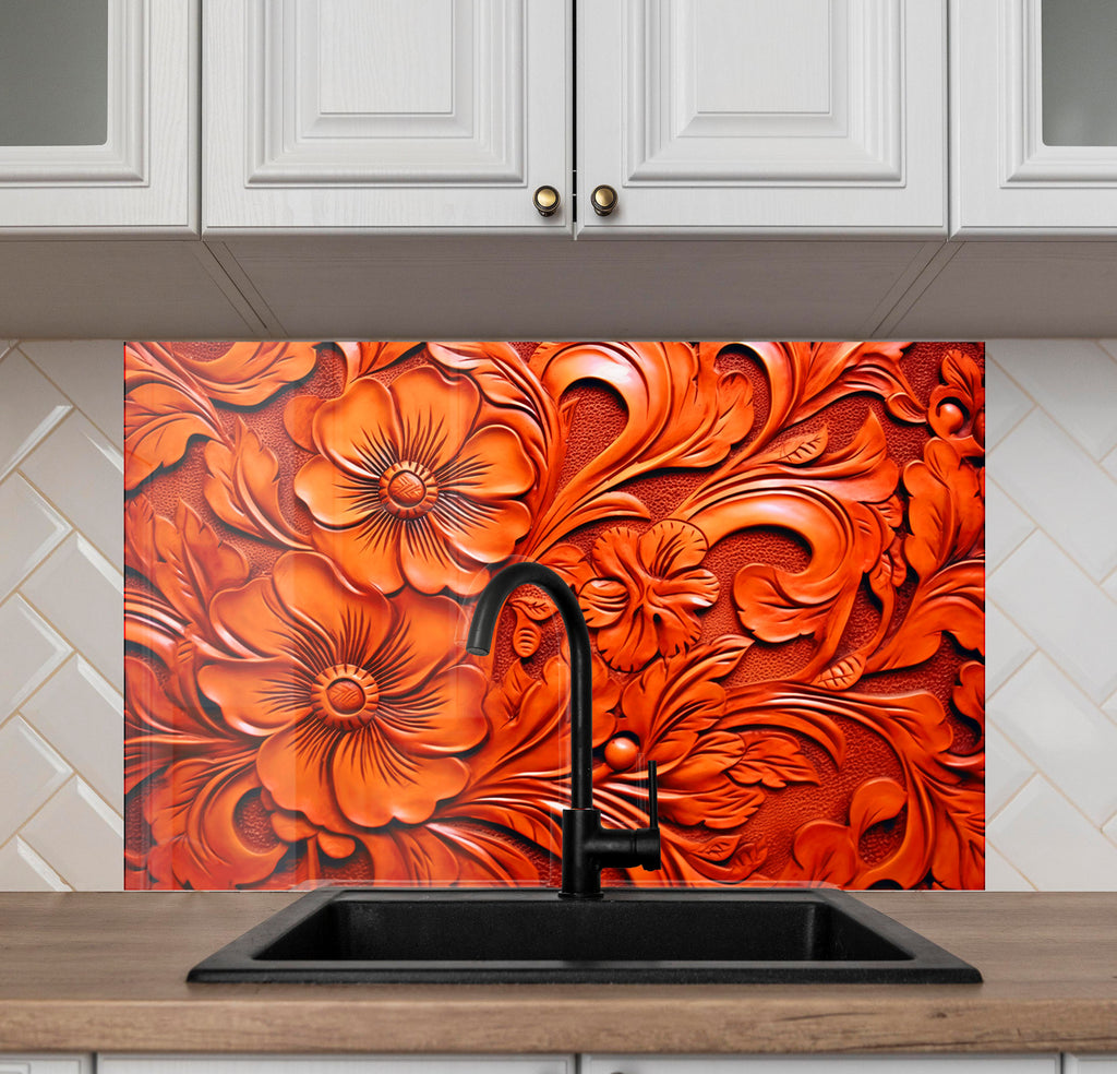 Fiery Floral Engraving - Glass Kitchen Backsplash-BacksplashArtworks