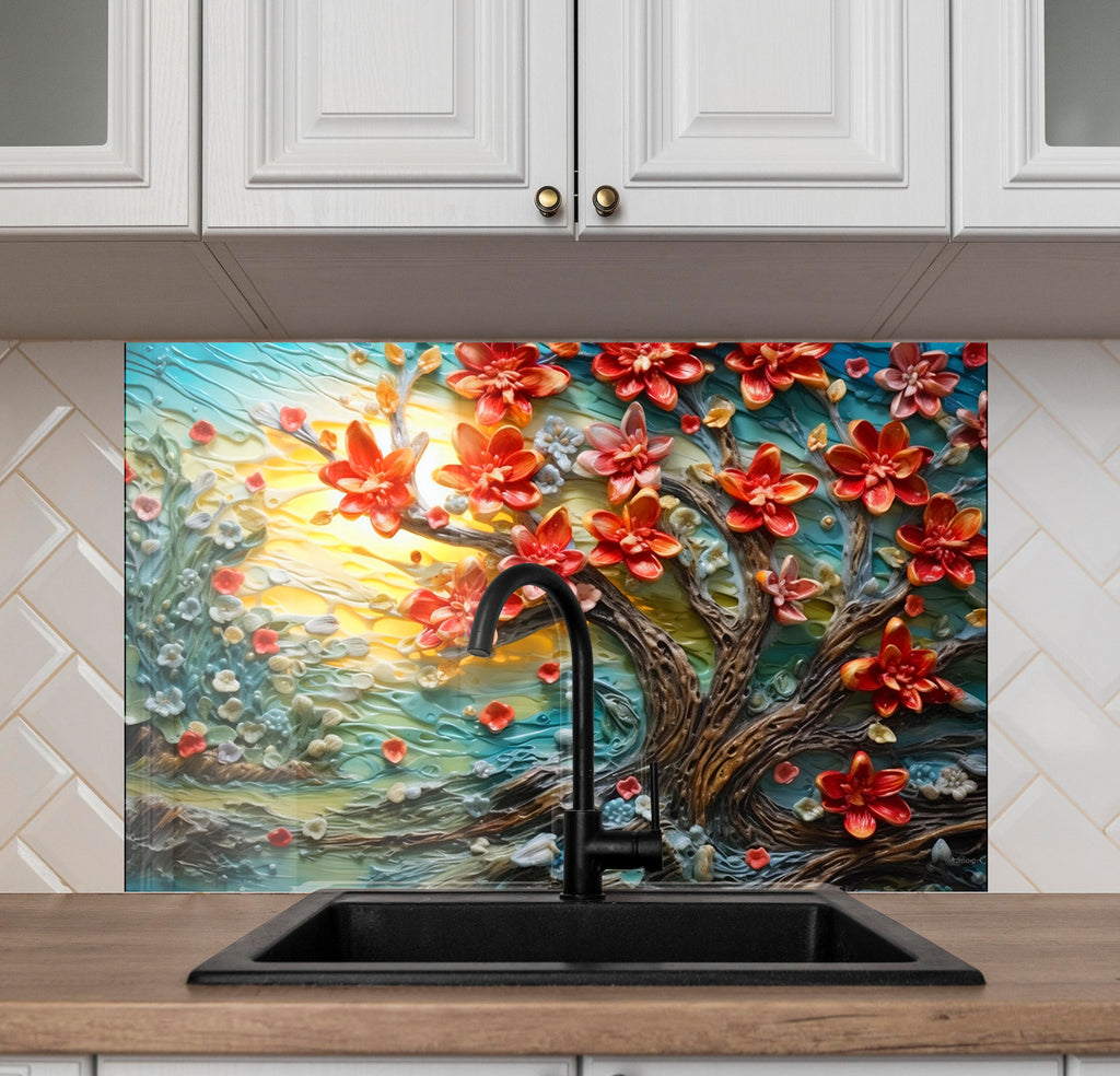 Blossoming Sunrise Tree - Glass Kitchen Backsplash-BacksplashArtworks