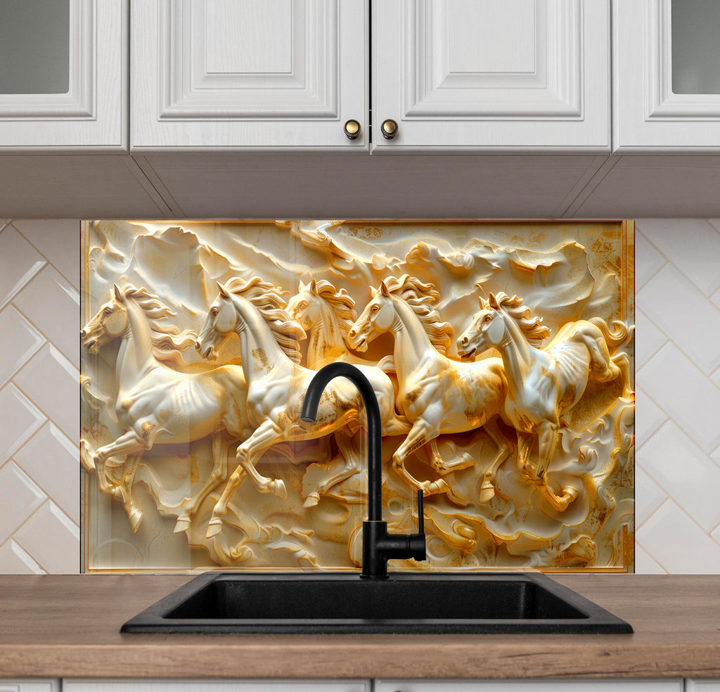 Golden Stallion Majesty - Embossed Glass Kitchen Backsplash-BacksplashArtworks