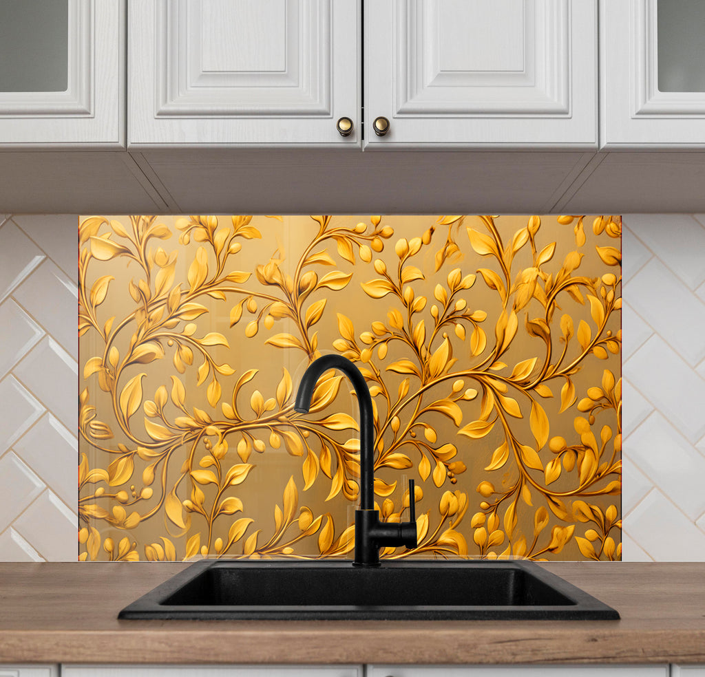 Golden Vine Elegance - Glass Kitchen Backsplash-BacksplashArtworks