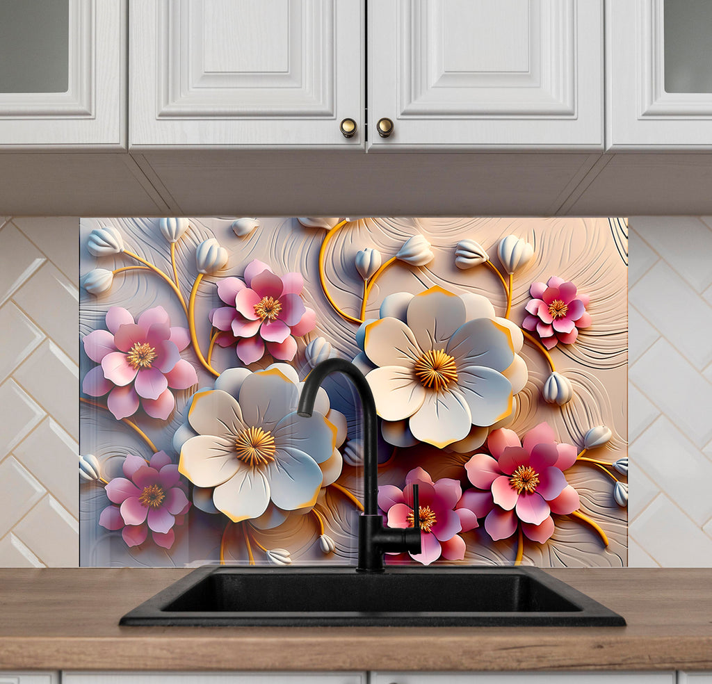 Soft Bloom Elegance - Glass Kitchen Backsplash-BacksplashArtworks