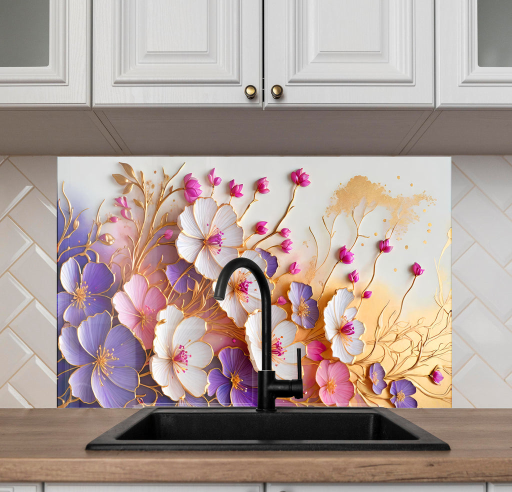 Golden Blossom Elegance - Glass Kitchen Backsplash-BacksplashArtworks