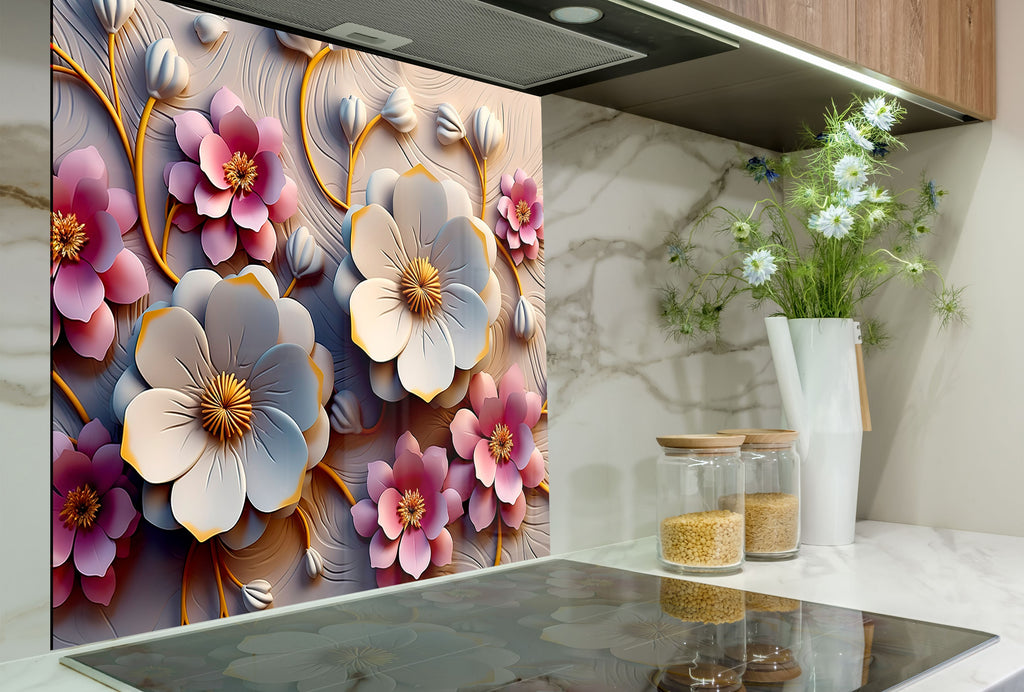 Blush & Ivory Floral Elegance - Glass Kitchen Backsplash-BacksplashArtworks