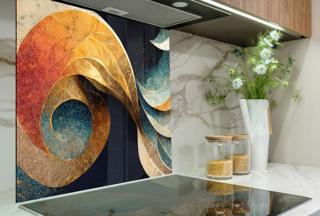 Abstract Gold & Blue - Glass Kitchen Backsplash-BacksplashArtworks