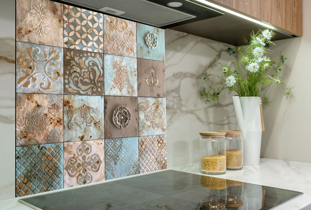 Tempered Glass Kitchen Backsplash with Vintage Tile Design and Gas Stove-BacksplashArtworks
