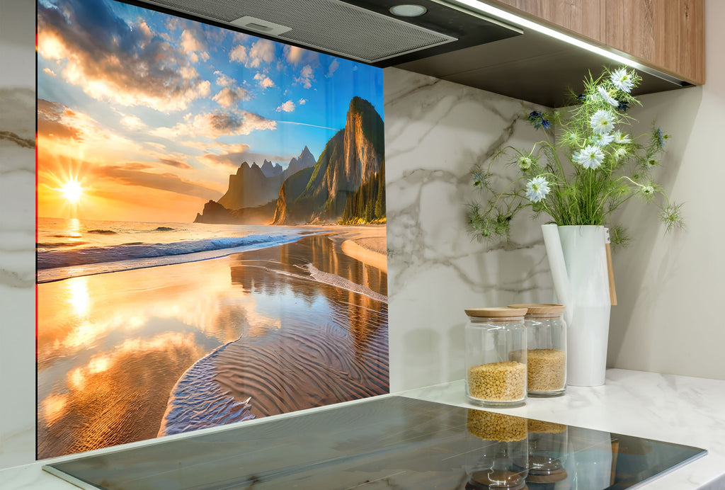 Majestic Mountain Beach Sunset Wall Art – Tempered Glass Kitchen Backsplash-BacksplashArtworks