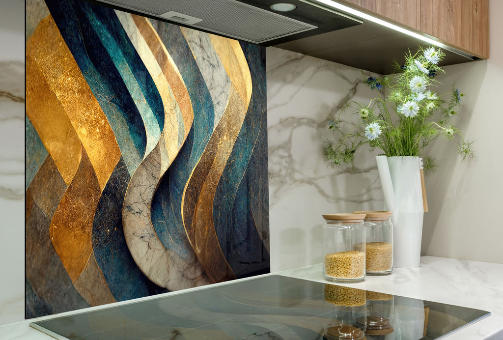 Elegant Navy & Gold - Glass Kitchen Backsplash-BacksplashArtworks