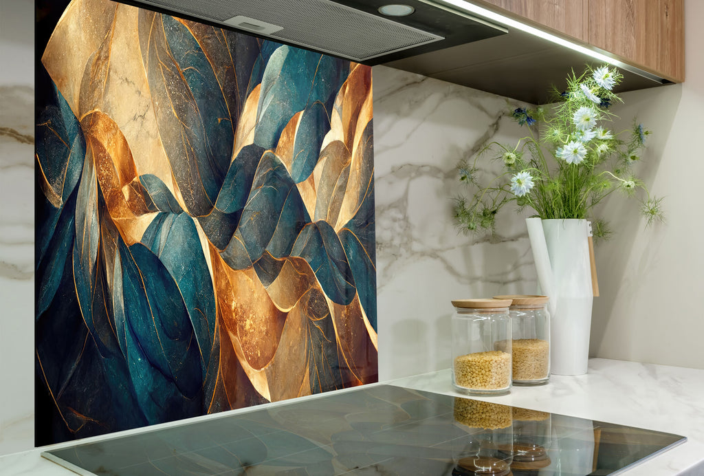 Golden Flow – Luxurious - Glass Kitchen Backsplash-BacksplashArtworks