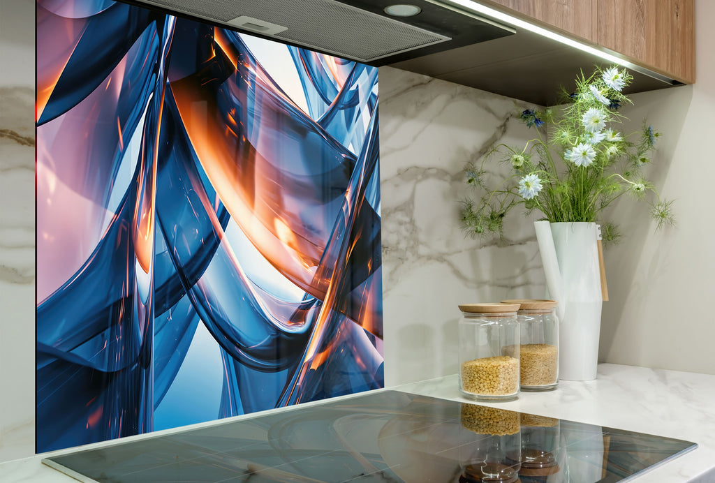 Blue Abstract Elegance – Glass Kitchen Backsplash-BacksplashArtworks